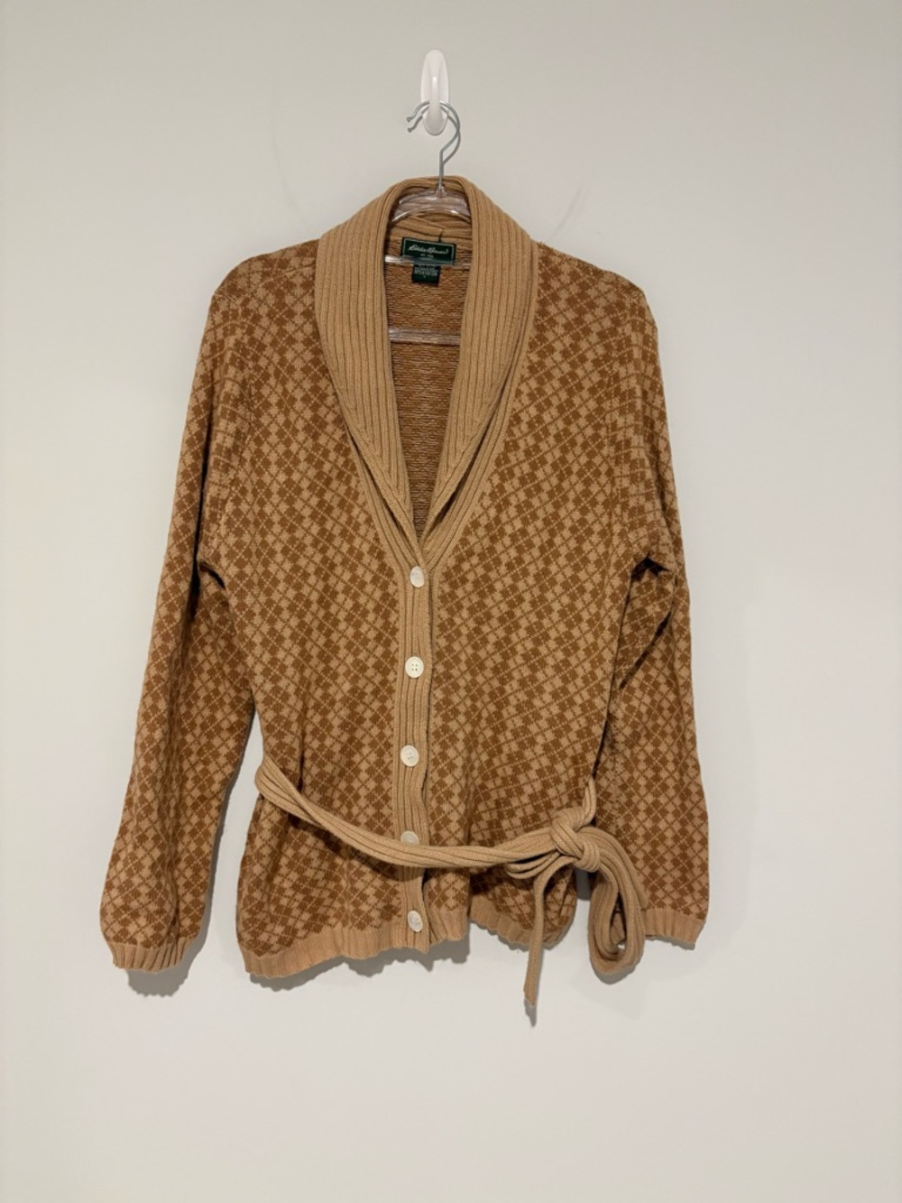 Eddie Bauer Angora plaid houndstooth collar belted sweater brow Size large